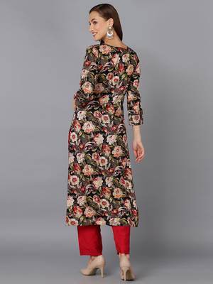 women black cotton blend floral printed straight kurta 4