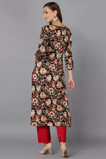 women black cotton blend floral printed straight kurta