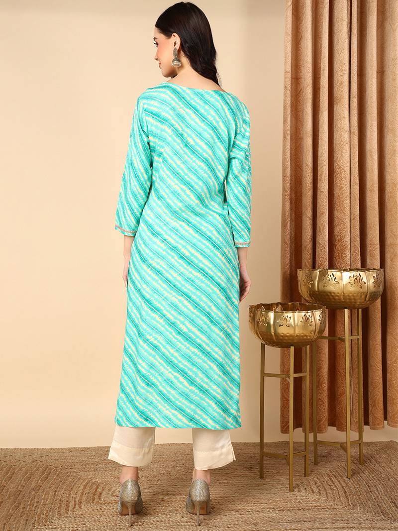 women sea green viscose rayon leheriya embroidered straight kurta