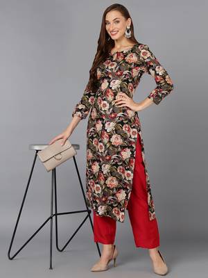 women black cotton blend floral printed straight kurta 5