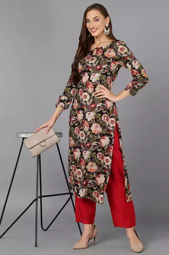 women black cotton blend floral printed straight kurta