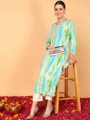 women turquoise blue viscose rayon abstract embroidered straight kurta 1