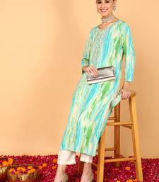 women turquoise blue viscose rayon abstract embroidered straight kurta
