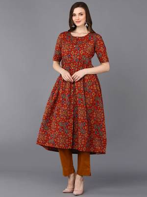 women red cotton ethnic motifs printed a-line kurta 1
