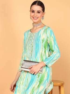 women turquoise blue viscose rayon abstract embroidered straight kurta 2