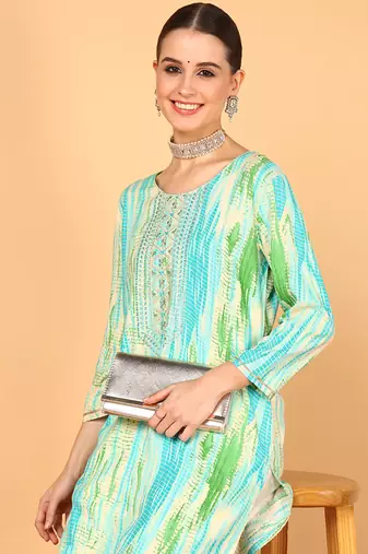 women turquoise blue viscose rayon abstract embroidered straight kurta