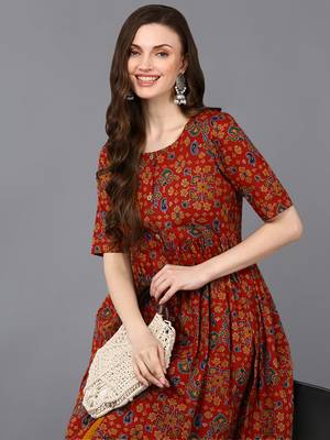 women red cotton ethnic motifs printed a-line kurta 2