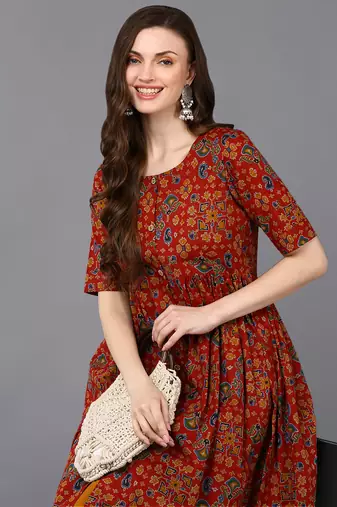 women red cotton ethnic motifs printed a-line kurta