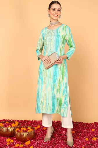 women turquoise blue viscose rayon abstract embroidered straight kurta