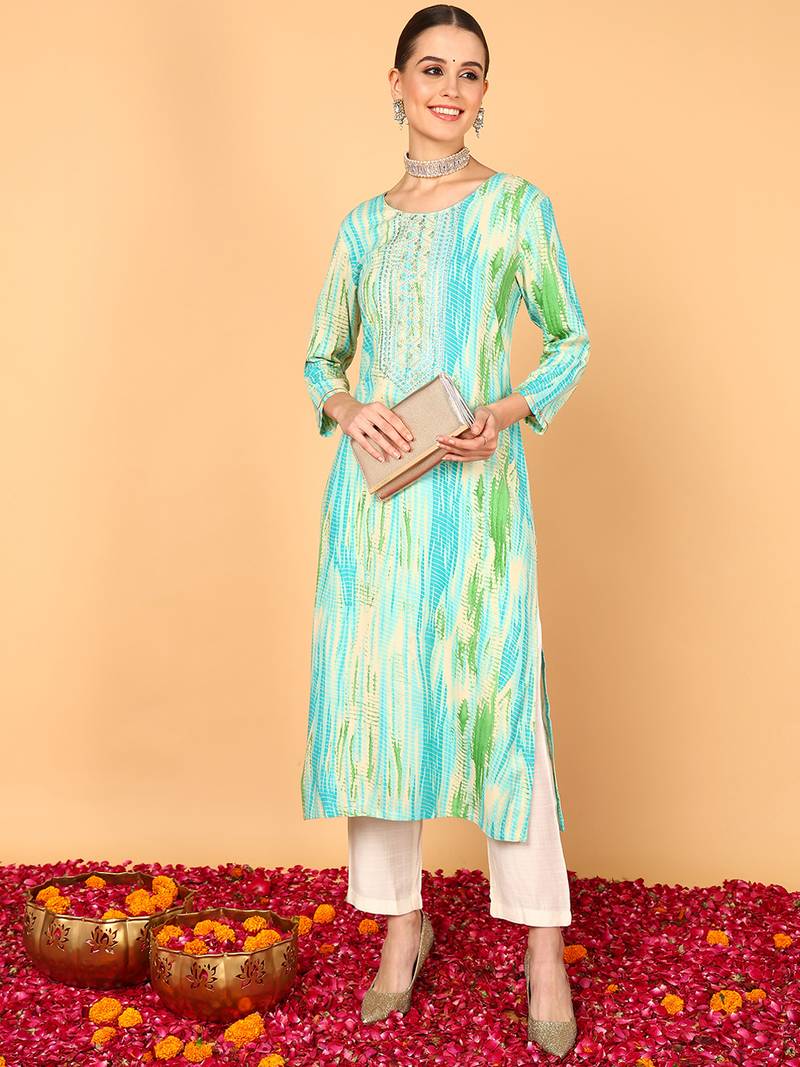 women turquoise blue viscose rayon abstract embroidered straight kurta