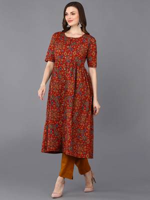 women red cotton ethnic motifs printed a-line kurta 3