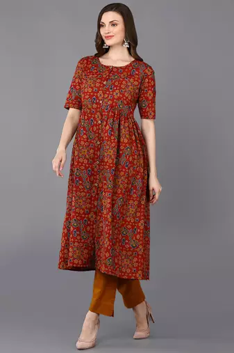 women red cotton ethnic motifs printed a-line kurta