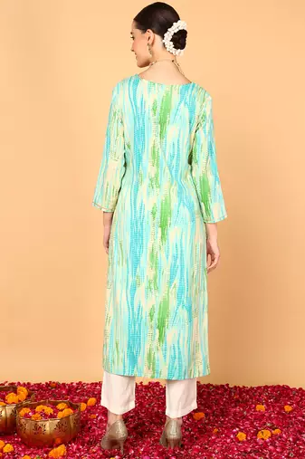 women turquoise blue viscose rayon abstract embroidered straight kurta
