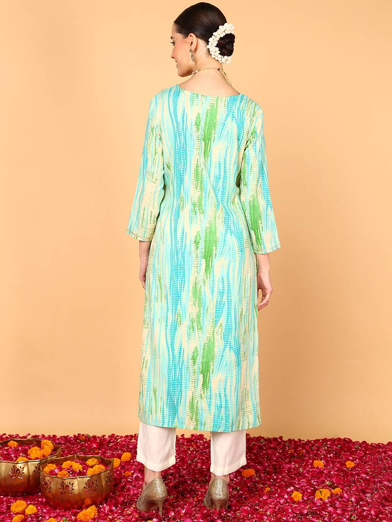 women turquoise blue viscose rayon abstract embroidered straight kurta
