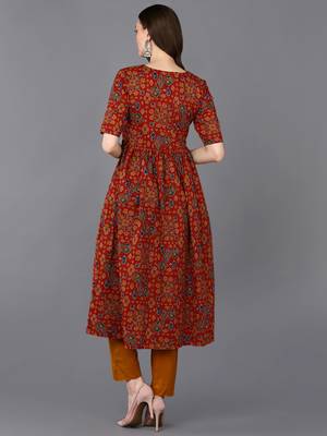 women red cotton ethnic motifs printed a-line kurta 4
