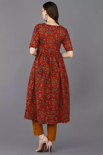 women red cotton ethnic motifs printed a-line kurta