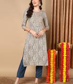 women beige viscose rayon abstract embroidered straight kurta