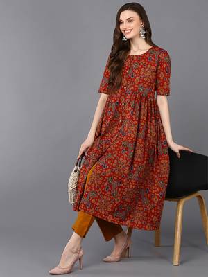 women red cotton ethnic motifs printed a-line kurta 5