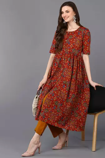 women red cotton ethnic motifs printed a-line kurta