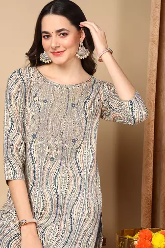 women beige viscose rayon abstract embroidered straight kurta
