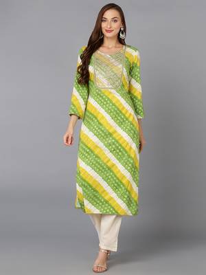 women green viscose rayon leheriya embroidered straight kurta 1