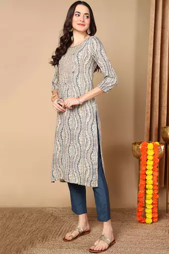 women beige viscose rayon abstract embroidered straight kurta