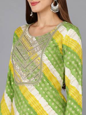 women green viscose rayon leheriya embroidered straight kurta 2
