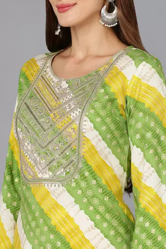 women green viscose rayon leheriya embroidered straight kurta