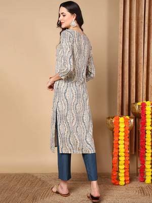 women beige viscose rayon abstract embroidered straight kurta 4