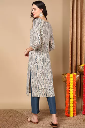 women beige viscose rayon abstract embroidered straight kurta