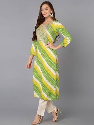 women green viscose rayon leheriya embroidered straight kurta 3