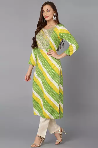 women green viscose rayon leheriya embroidered straight kurta