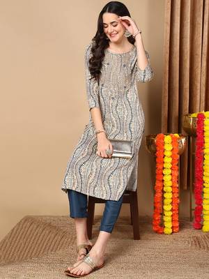 women beige viscose rayon abstract embroidered straight kurta 5