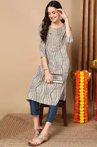 women beige viscose rayon abstract embroidered straight kurta