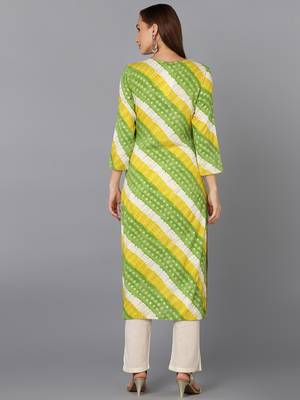 women green viscose rayon leheriya embroidered straight kurta 4