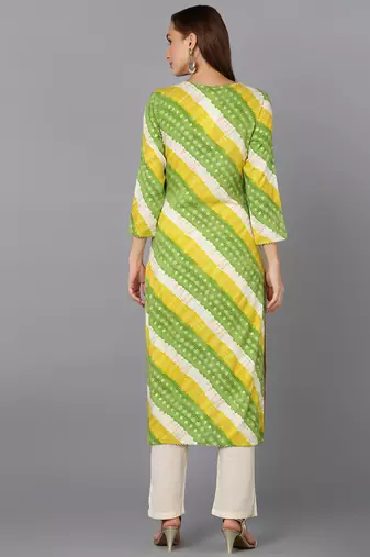 women green viscose rayon leheriya embroidered straight kurta