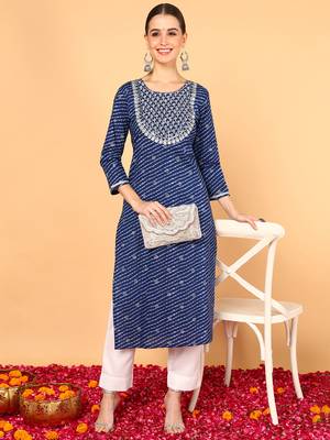 women navy blue cotton leheriya embroidered straight kurta 1