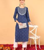 women navy blue cotton leheriya embroidered straight kurta