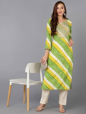 women green viscose rayon leheriya embroidered straight kurta 5