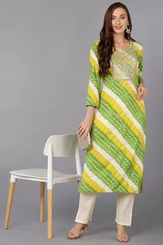 women green viscose rayon leheriya embroidered straight kurta