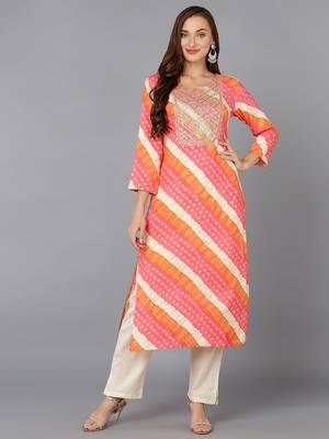 women pink viscose rayon leheriya embroidered straight kurta 1