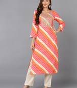 women pink viscose rayon leheriya embroidered straight kurta
