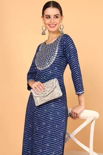 women navy blue cotton leheriya embroidered straight kurta