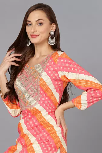 women pink viscose rayon leheriya embroidered straight kurta