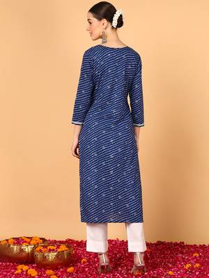 women navy blue cotton leheriya embroidered straight kurta 3