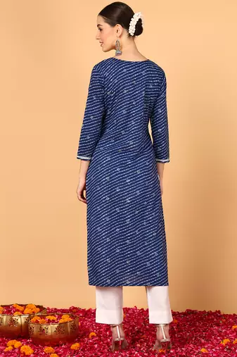 women navy blue cotton leheriya embroidered straight kurta