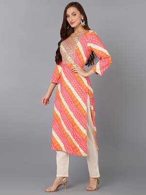 women pink viscose rayon leheriya embroidered straight kurta 3