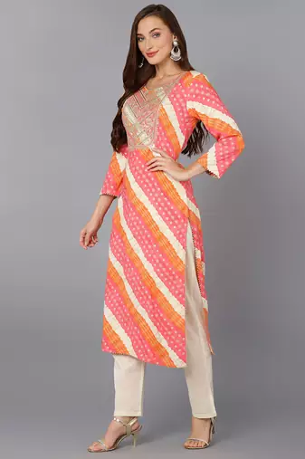 women pink viscose rayon leheriya embroidered straight kurta