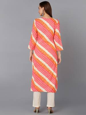 women pink viscose rayon leheriya embroidered straight kurta 4