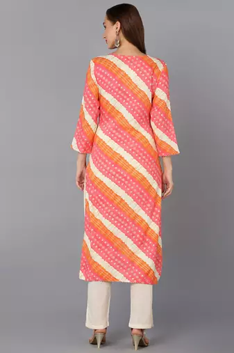 women pink viscose rayon leheriya embroidered straight kurta